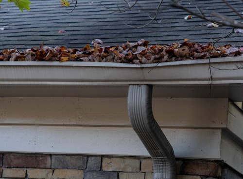 A gutter full of debris is seen. Popejoy Roofing offers gutter cleaning.