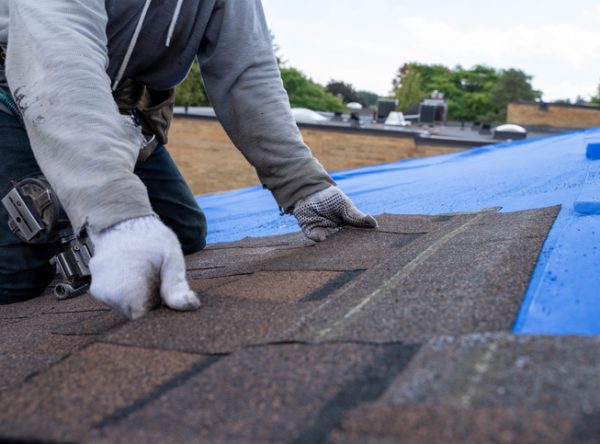 A close-up of roofers in Bloomington-Normal IL carefully laying asphalt shingles on a new roof.